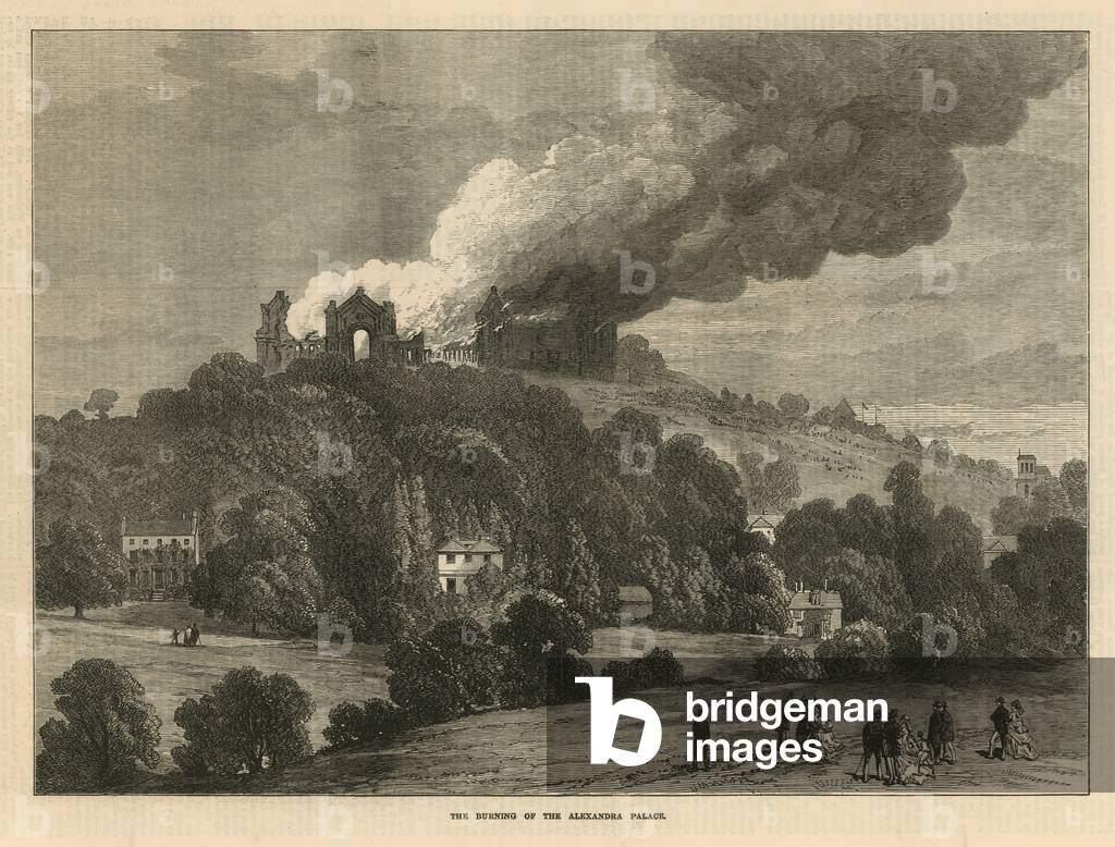 The burning of the Alexandra Palace (engraving)