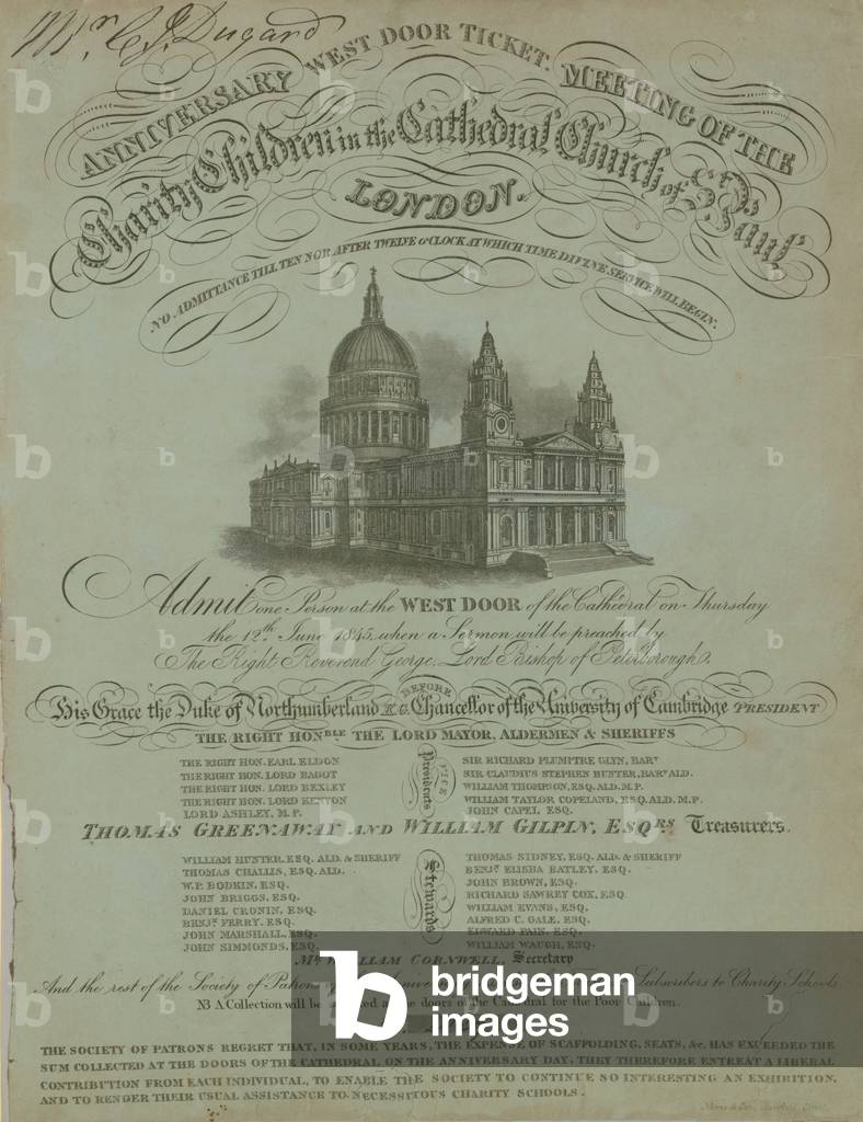 West door ticket for the anniversary meeting of the Charity Children (engraving)