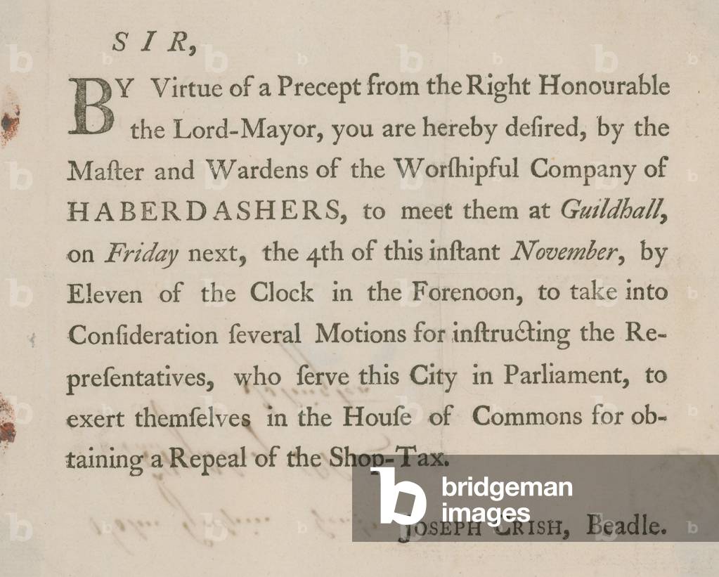 Printed letter from Joseph Crish, Beadle of Guildhall, London (engraving)