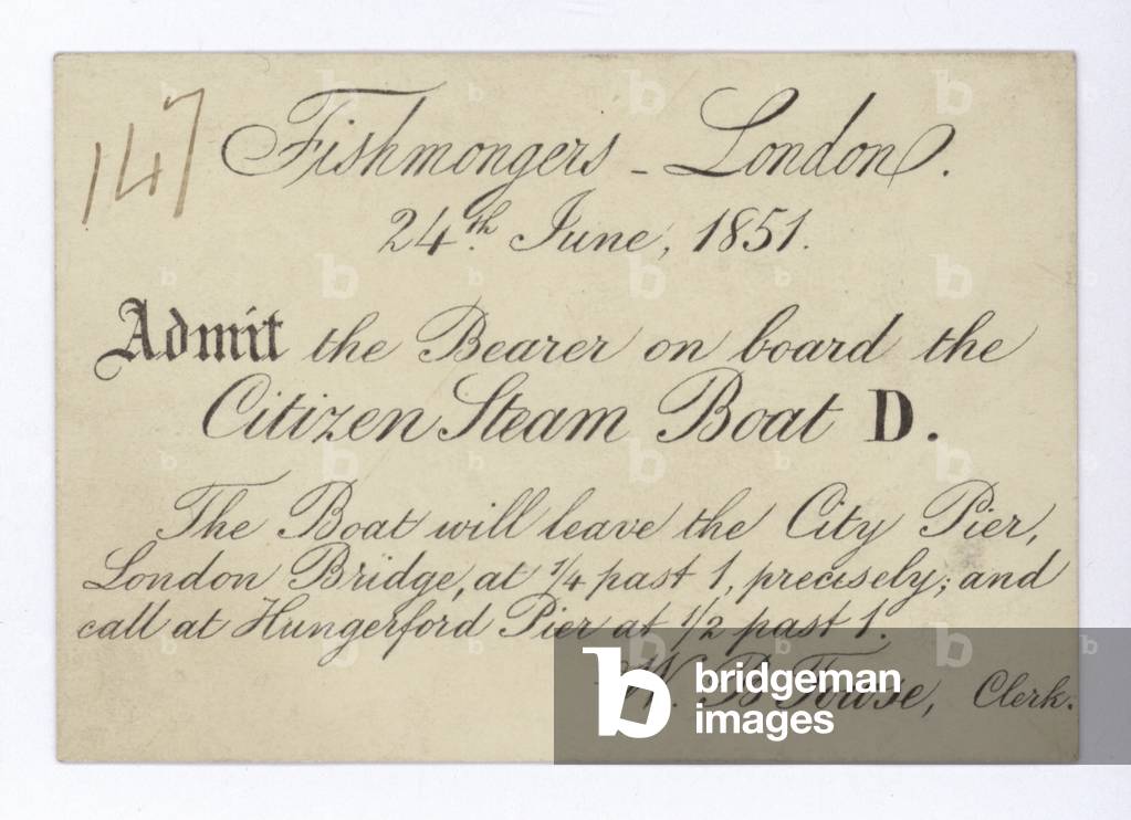 Ticket for London fishmongers to take a boat trip on the Citizen Steam Boat, 24 June 1851 (litho)