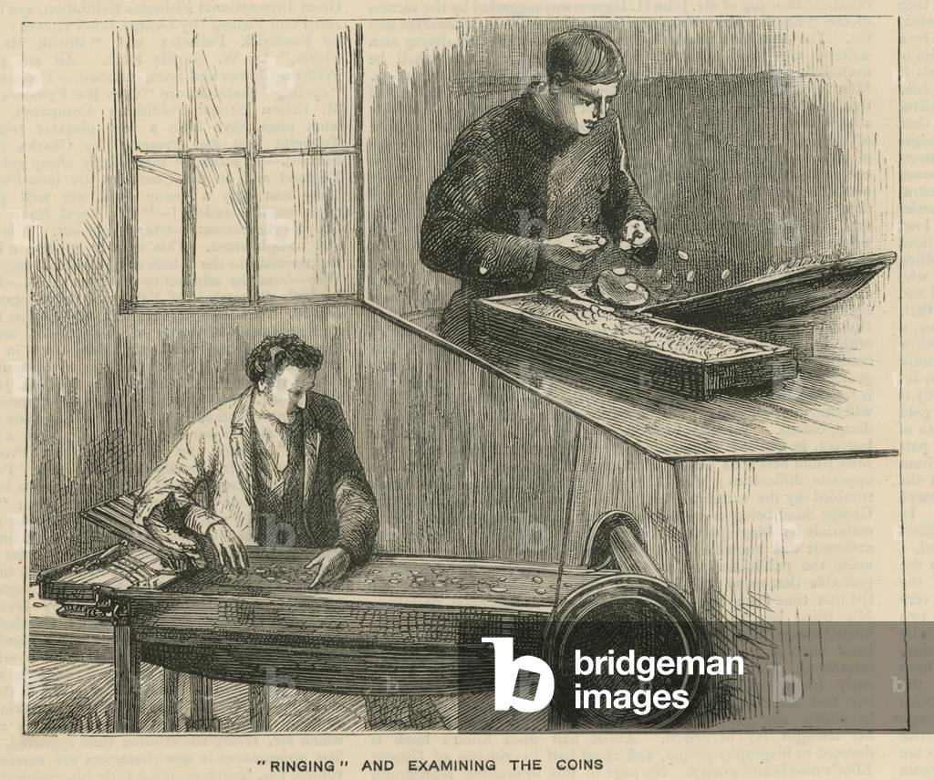 Sketches at the Royal Mint, Tower Hill; ringing and examining the coins (engraving)