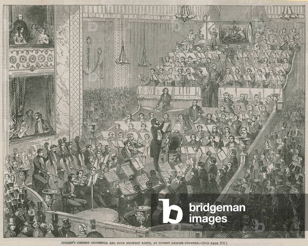 Jullien's concert orchestra and four military bands at Covent Garden Theatre (engraving)