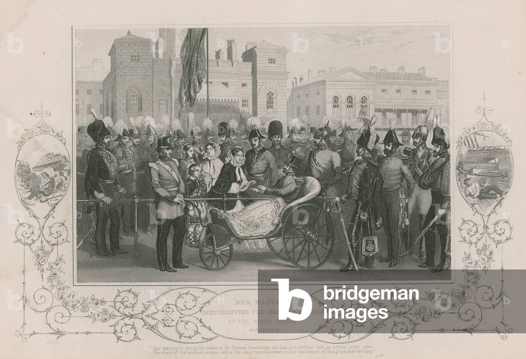 Her Majesty distributed the Crimean Medals at the Horse Guards, 18 May 1856 (engraving)