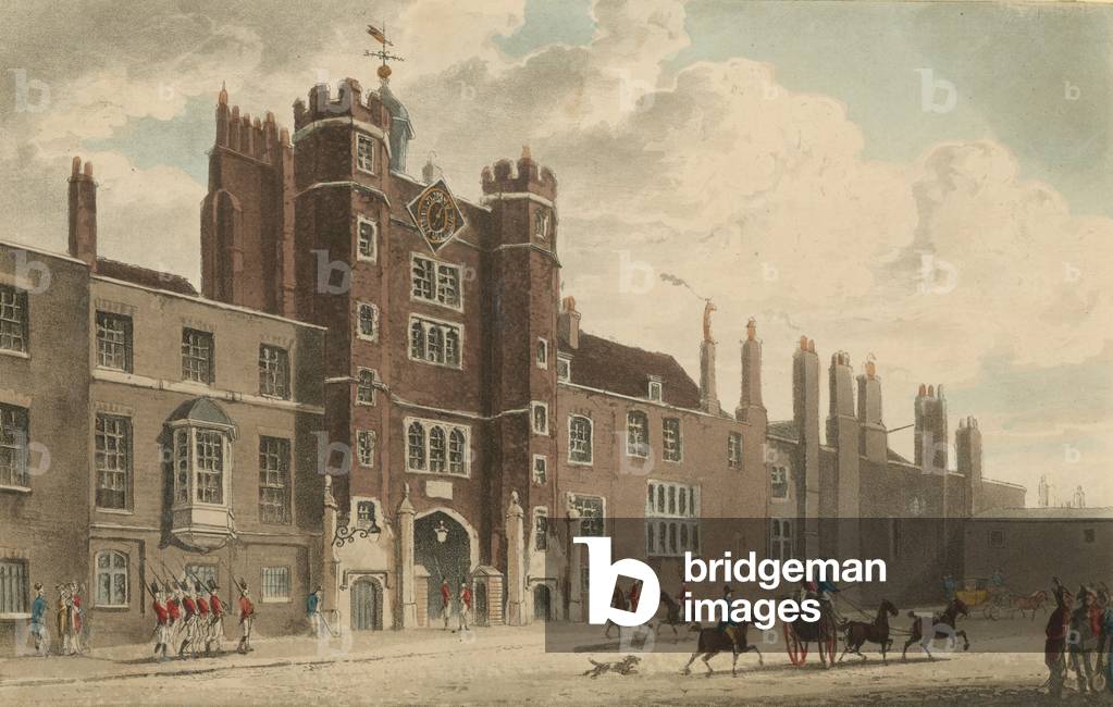 The entrance to St James's Palace (coloured engraving)