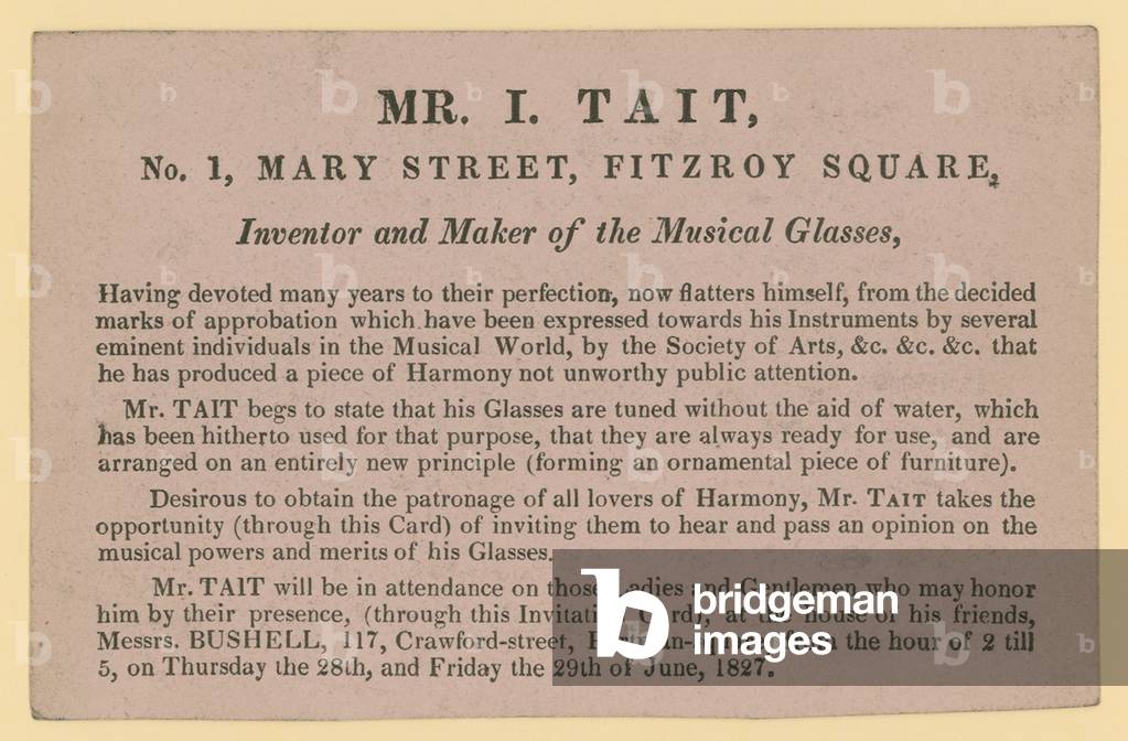 Advert for Mr I Tait, inventor and maker of the musical glasses (engraving)