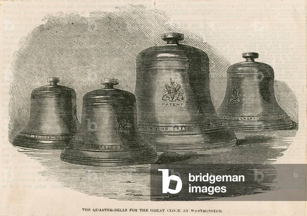The quarter bells for the great bell (Big Ben) at the Clock Tower (engraving)