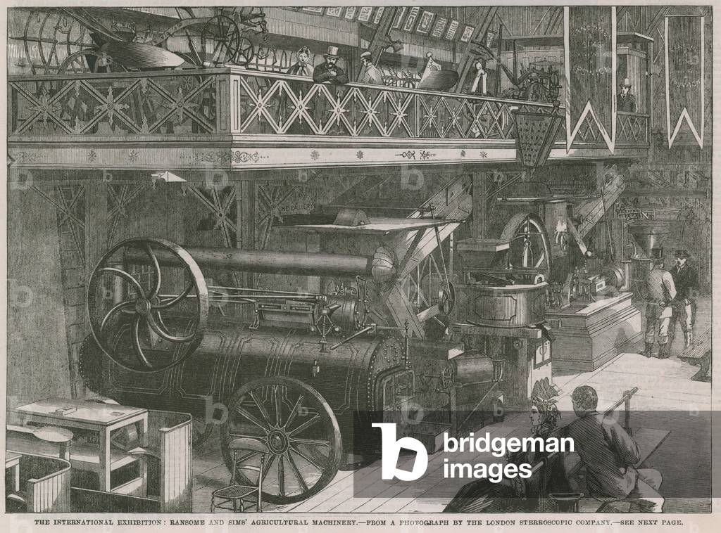 The International Exhibition; Ransome and Sims' agricultural machinery (engraving)