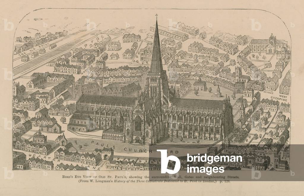 Bird's eye view of old St Paul's (engraving)