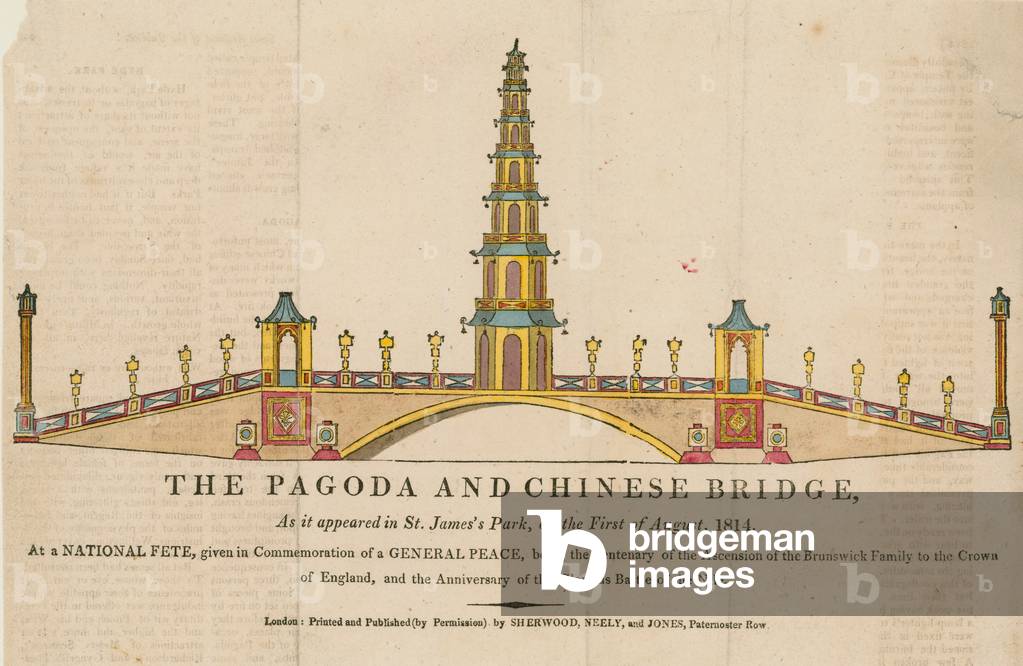 The pagoda and bridge, as it appeared in St James's Park, London, on 1 August 1814 (coloured engraving)