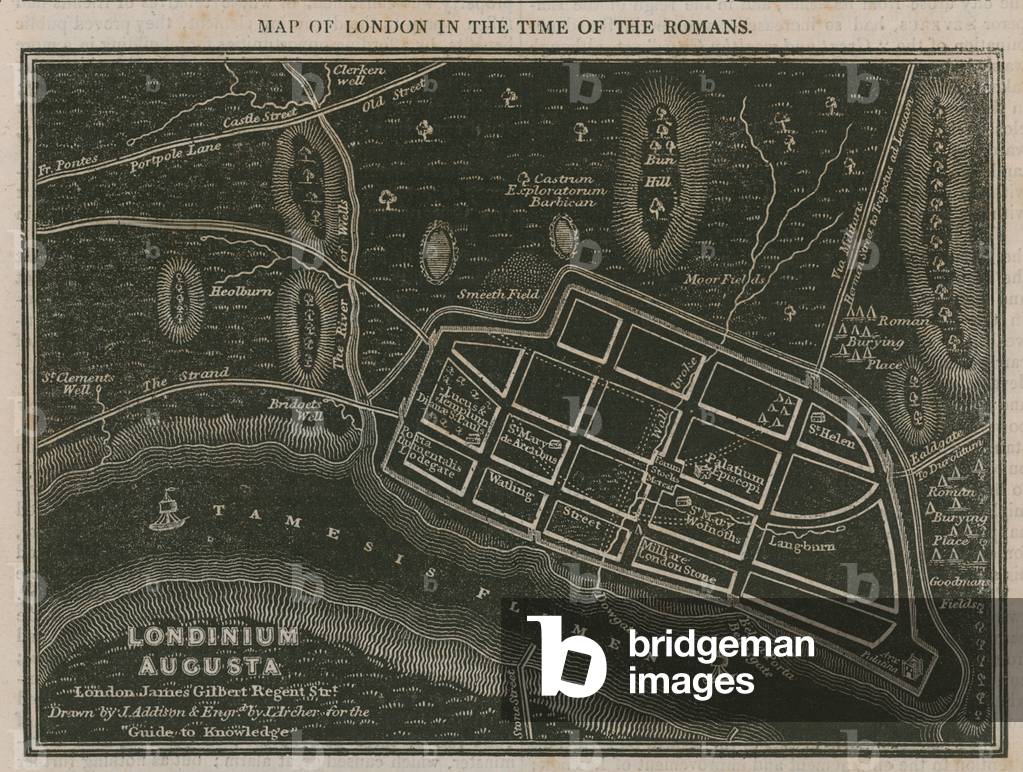 Map of London in the time of the Romans (engraving)