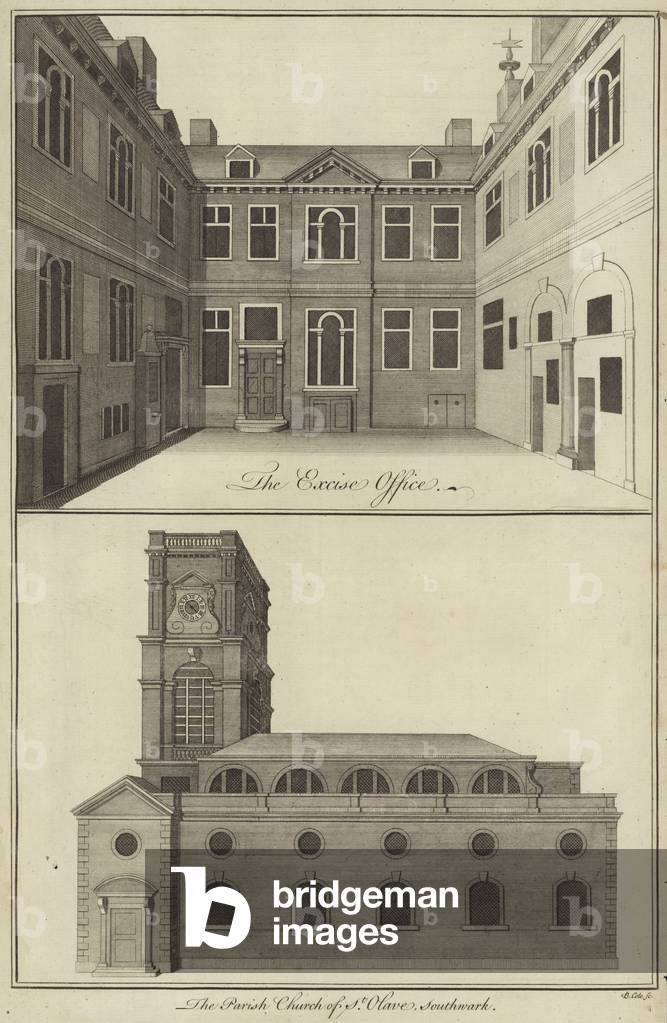 The Excise Office, London and the Parish Church of St Olave, Southwark (engraving)