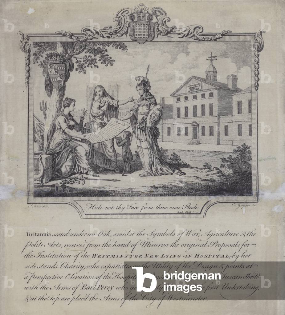 Britannia, under an oak tree, receiving the proposals for the Westminster New Lying in Hospital (engraving)