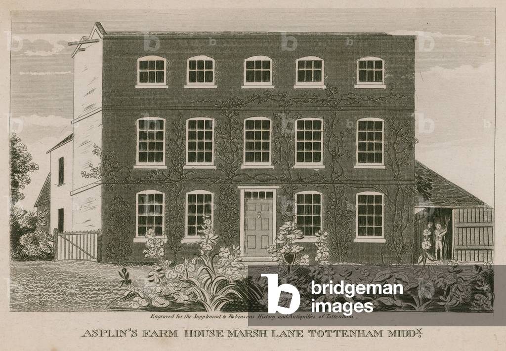 Asplin's Farm House, Marsh Lane, Tottenham, London (engraving)