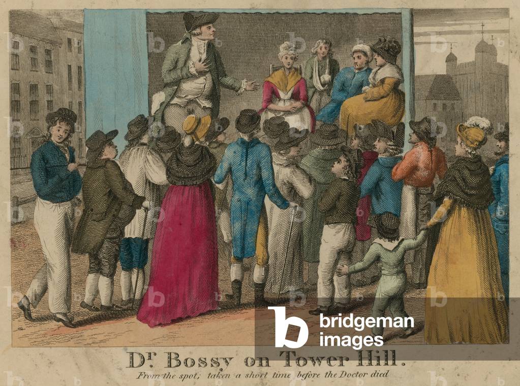 Dr Bossy on Tower Hill, London (coloured engraving)