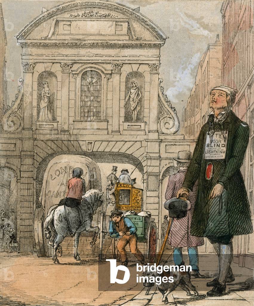 Buy a lace off the poor blind mind (coloured engraving)