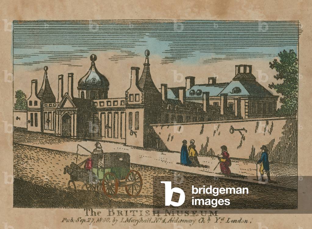 Street scene and the British Museum (coloured engraving)
