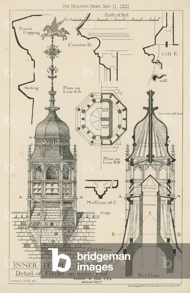 Detail of fleche on the main roof of the Inner Temple Library (engraving)