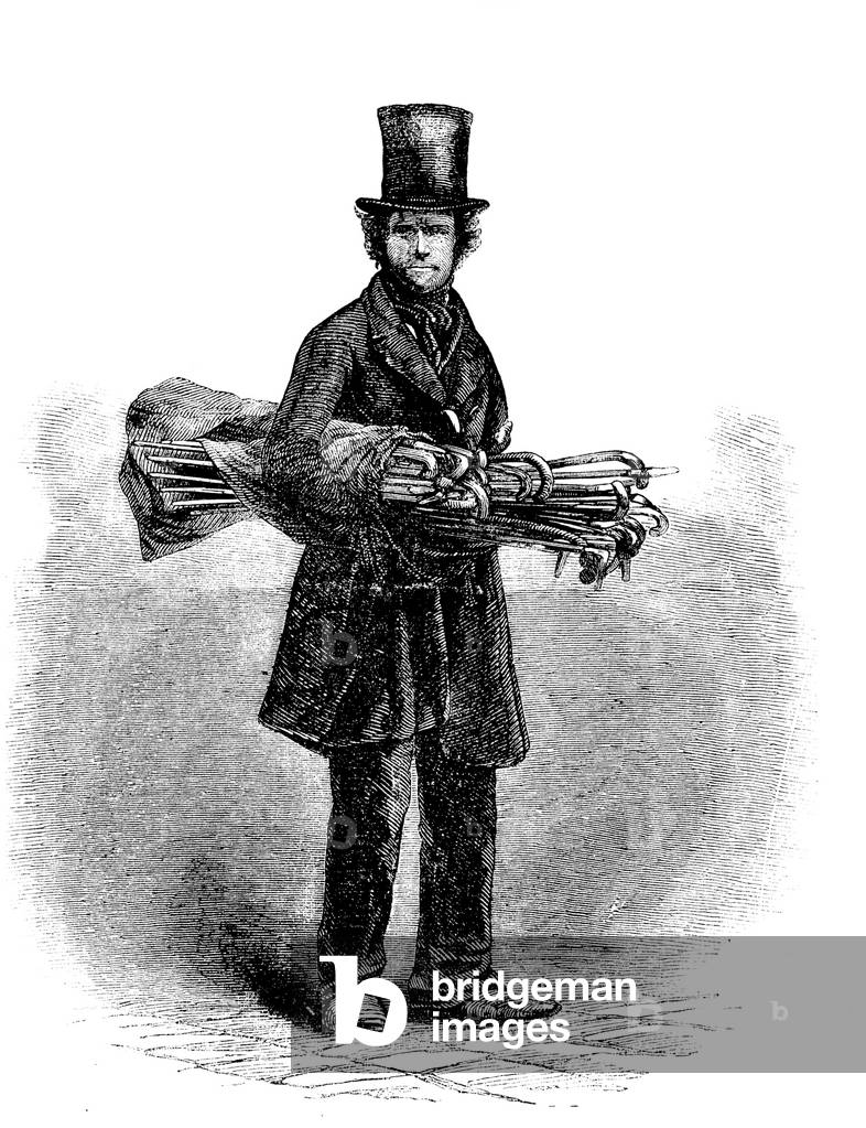 The street seller of walking sticks (engraving)