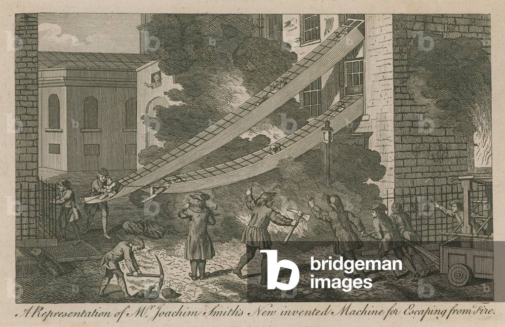 A representation of Mr Joachim Smith's new invented machine for escaping from fire (engraving)