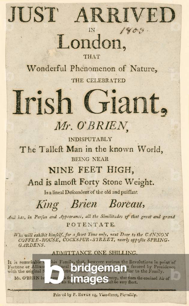 Advert for an appearance of Charles Byrne, aka O'Brien the Irish Giant, the tallest man in the known world (engraving)