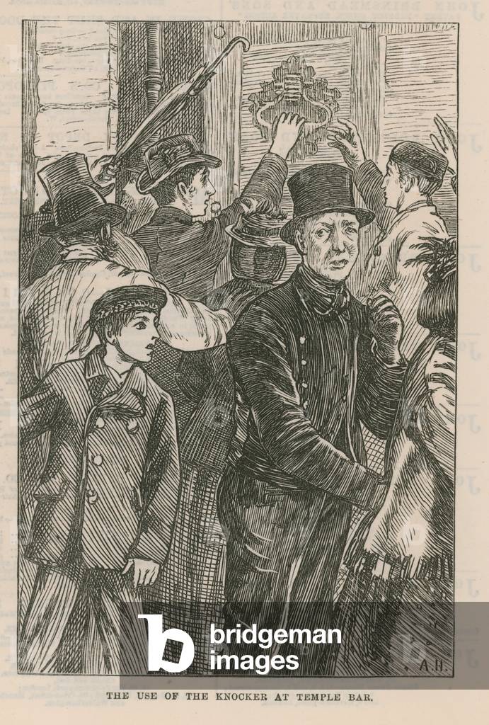 The use of the knocker at Temple Bar (engraving)