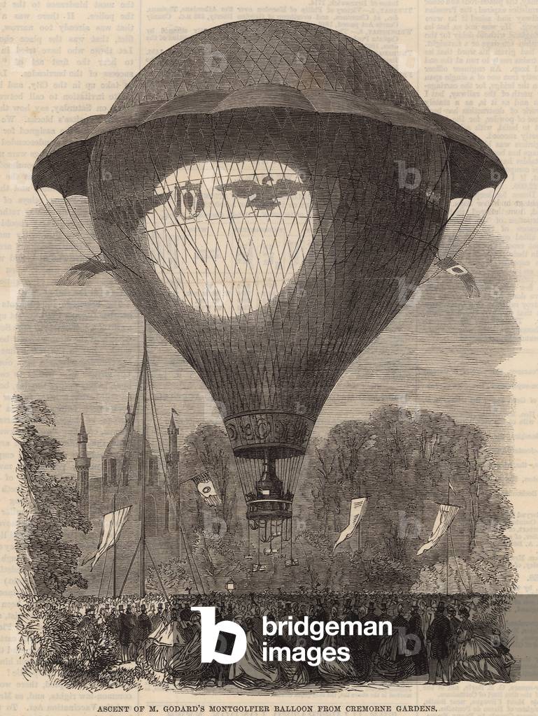 Ascent of M Godard's Montgolfier baloon from Cremorne Gardens (engraving)