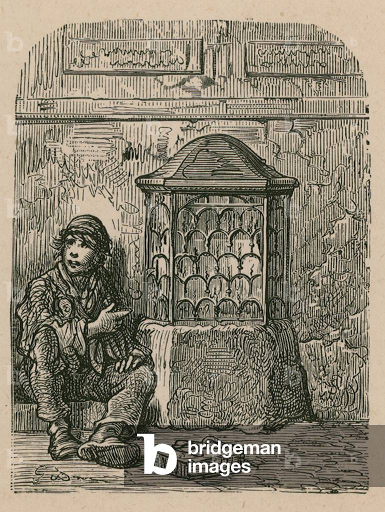 Unidentified monument and beggar (engraving)