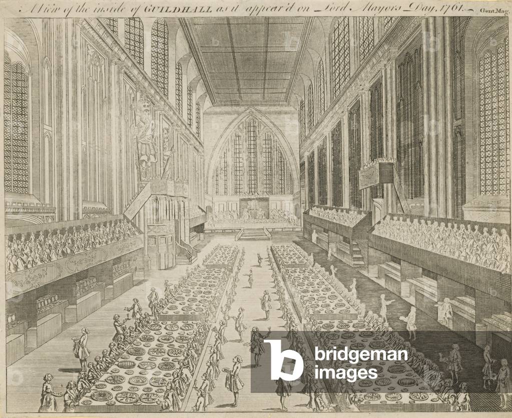 A view of the inside of Guildhall as it appeared on Lord Mayor's Day, 1761 (engraving)