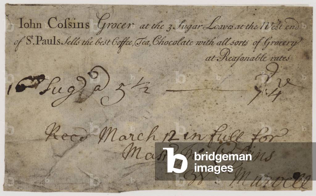 John Cossins, Grocer, St Paul's, London, receipt (engraving)