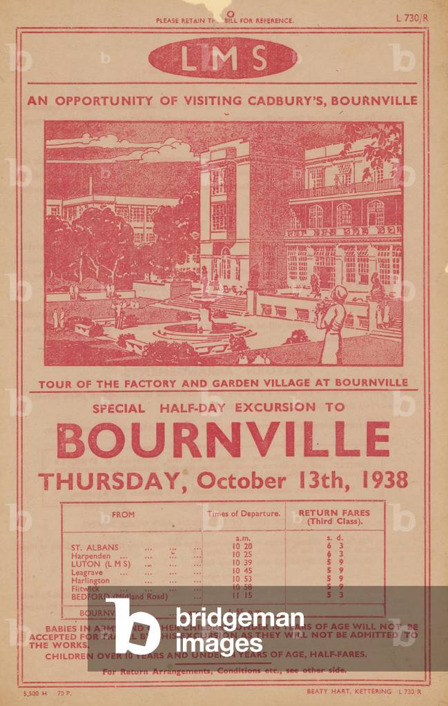 Advert for railway excursion to Cadbury's factory and garden village at Bournville (engraving)