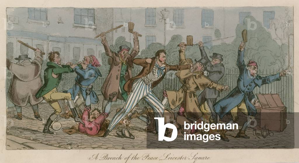 A breach of the peace, Leicester Square, London (coloured engraving)