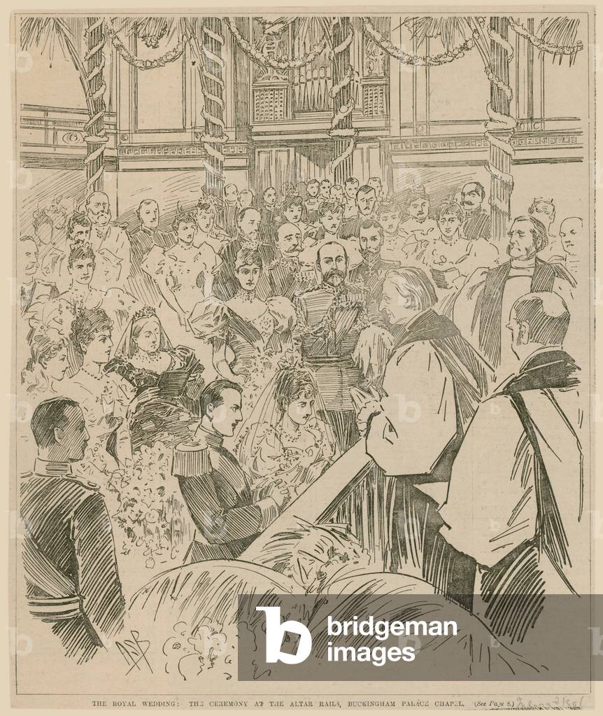 The royal wedding, the ceremony at the altar rails, Buckingham Palace Chapel, 23 July 1896 (engraving)