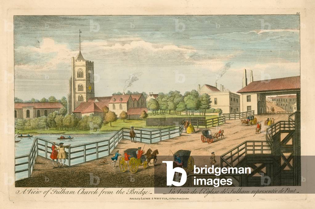 A view of Fulham Church from the Bridge (coloured engraving)