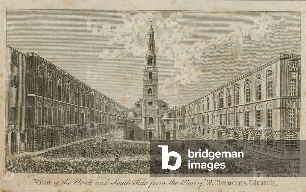 View of the north and south side from the west of St Clements Church (engraving)