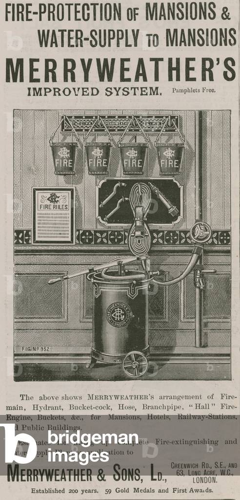 Merryweather's improved system of fire protection and water supply to mansions (engraving)