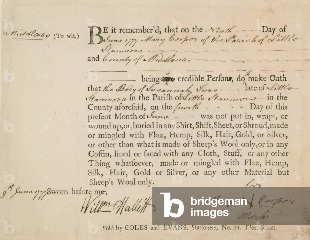 Sworn statement that the body of Susannah Sims was buried in sheep's wool (engraving)