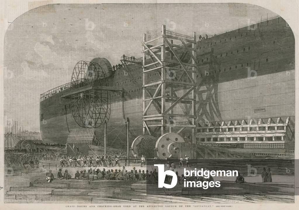 Chain drums and checking gear used at the attempted launch of the Leviathan (engraving)