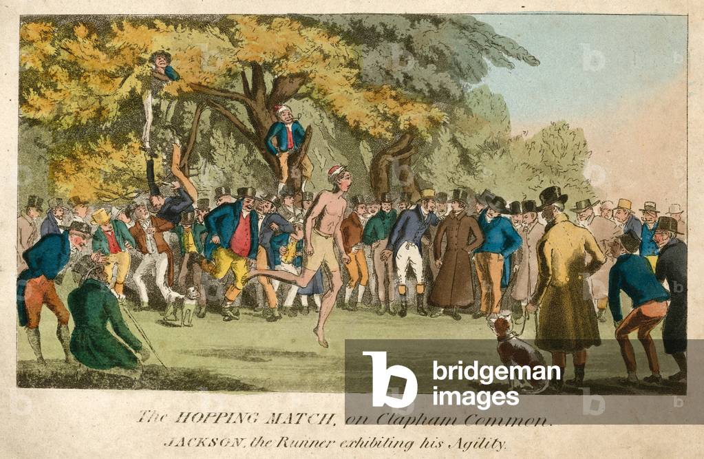 The hopping match on Clapham Common (coloured engraving)