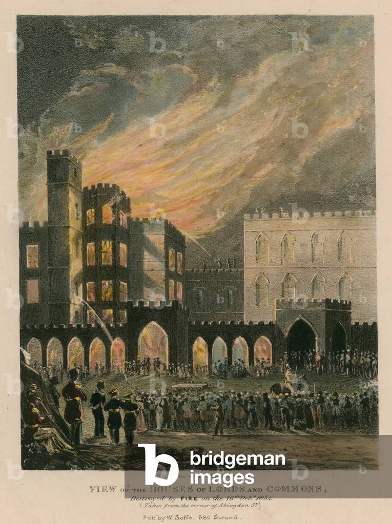 View of the Houses of Lords and Commons, destroyed by fire on 16 October 1834 (coloured engraving)