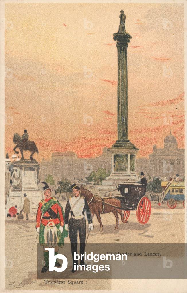 Trafalgar Square, London, Highlander and Lancer (chromolitho)