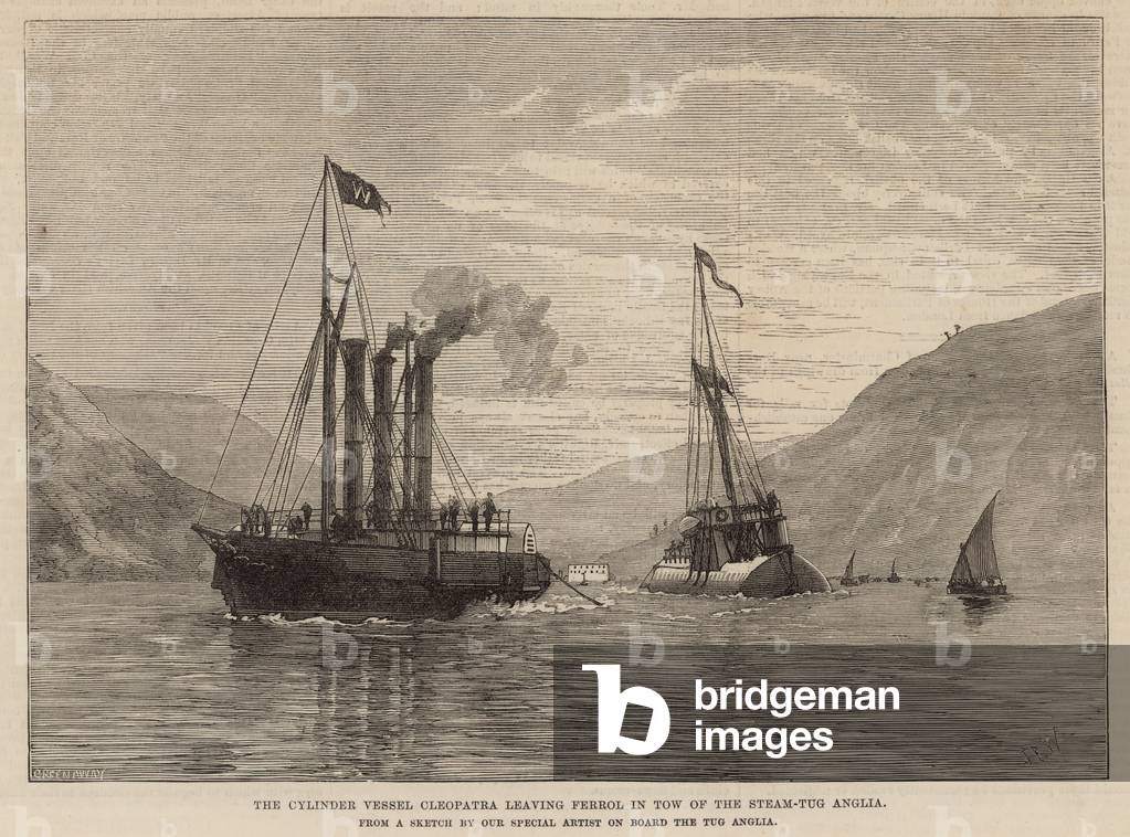 The cylinder vessel Cleopatra leaving Ferrol in tow of the steam-Tug Anglia (engraving)