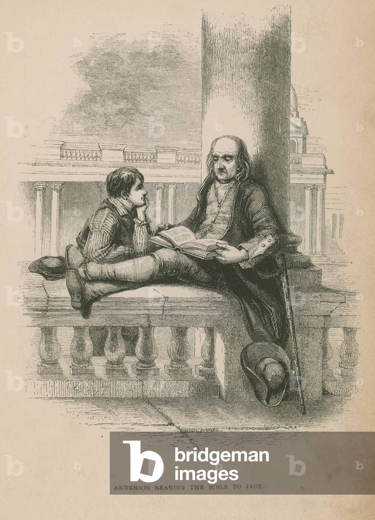 Anderson reading the Bible to Jack; illustration from Poor Jack by Frederick Marryat (engraving)