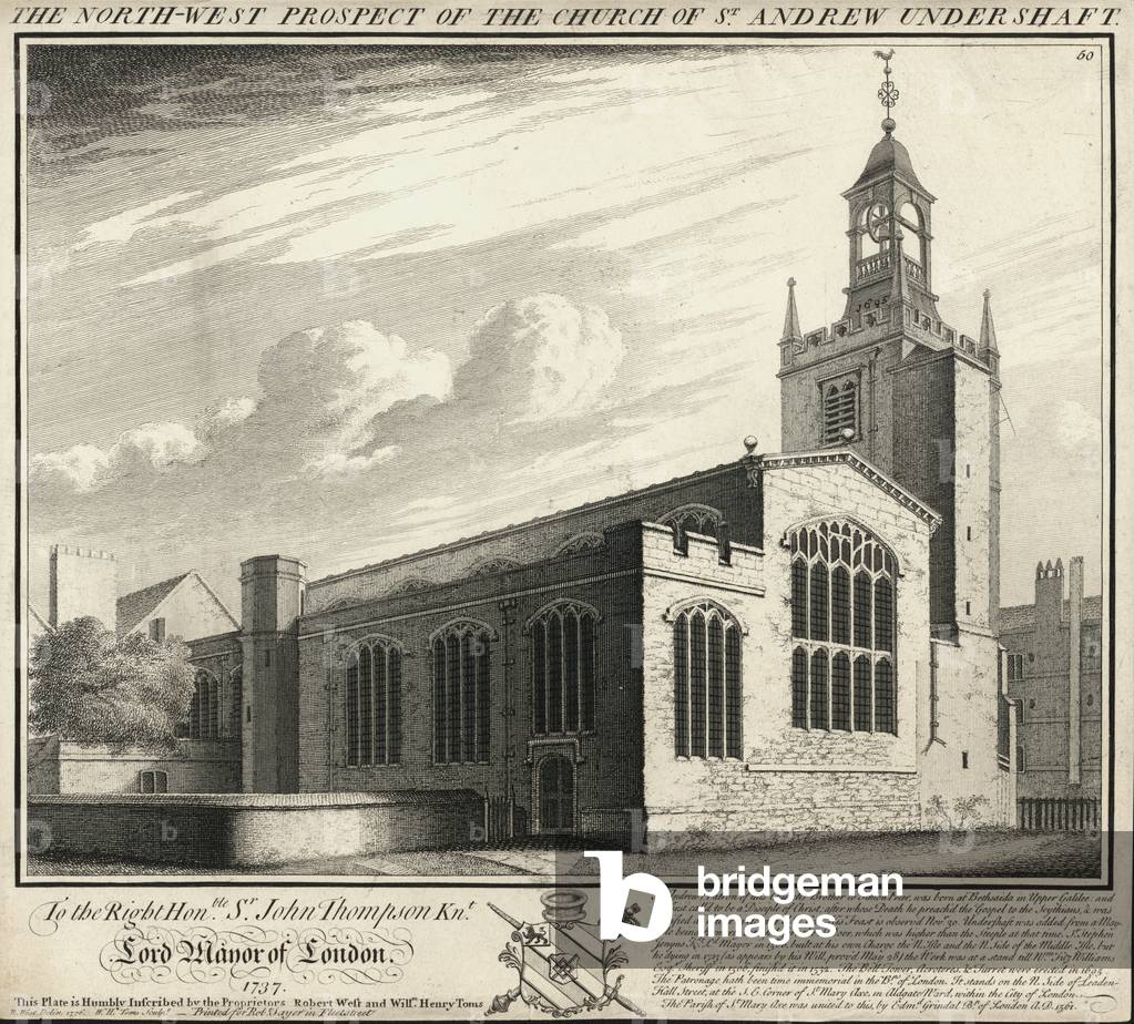 The north-west prospect of the church of St Andrew Under Shaft (engraving)