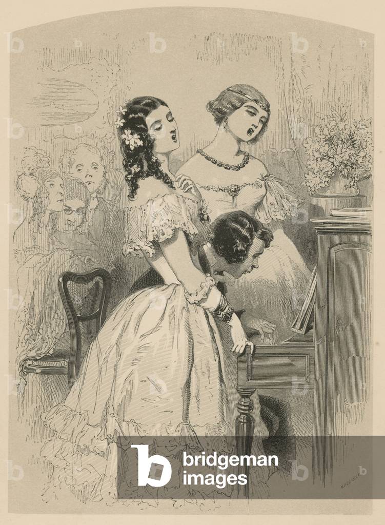 Two young ladies singing to piano accompaniment (engraving)
