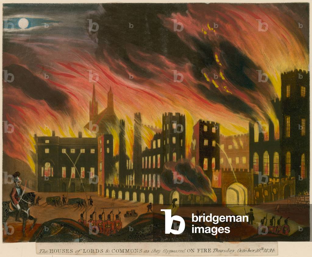 The Houses of Lords and Commons as they appeared on fire, 16 October 1834 (coloured engraving)