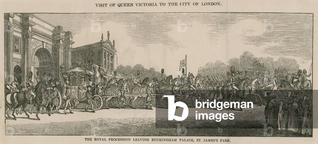 Visit of Queen Victoria to the City of London, leaving Buckingham Palace (engraving)