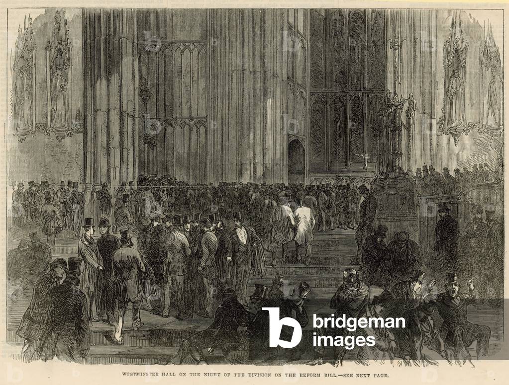 Westminster Hall on the night of the division on the Reform Bill (engraving)
