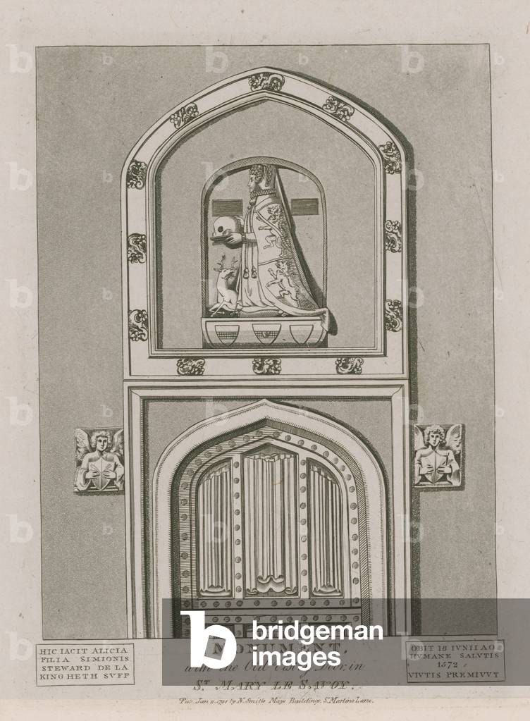 A monument with the old vestry door in St Mary le Savoy (engraving)