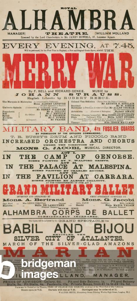 Advertisement for the Royal Alhambra Theatre, featuring Merry War by F Bell and Richard Genee with music by Johann Strauss (engraving)