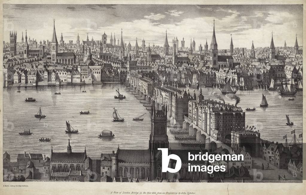 A view of London Bridge in the year 1616 (litho)